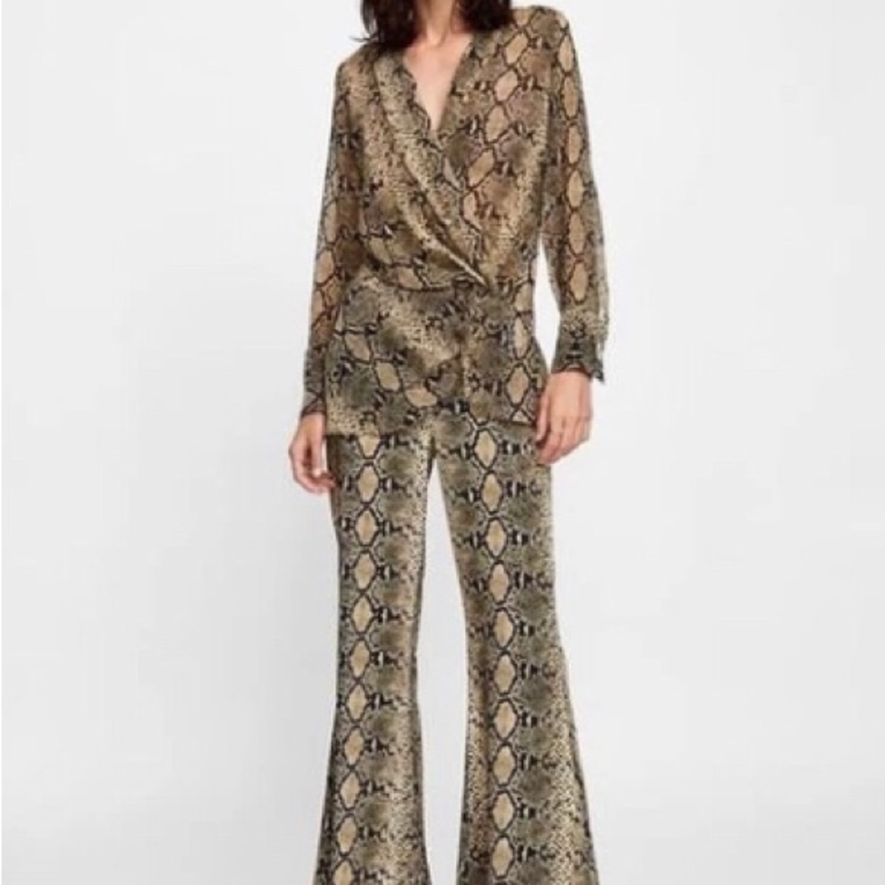 Zara Brown Snakeskin Flare Jumpsuit